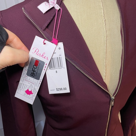 PARKER Orlando Laser Cut Bell Ruffle long Sleeve Dress Raisin Sheath Size 8 - Picture 7 of 9